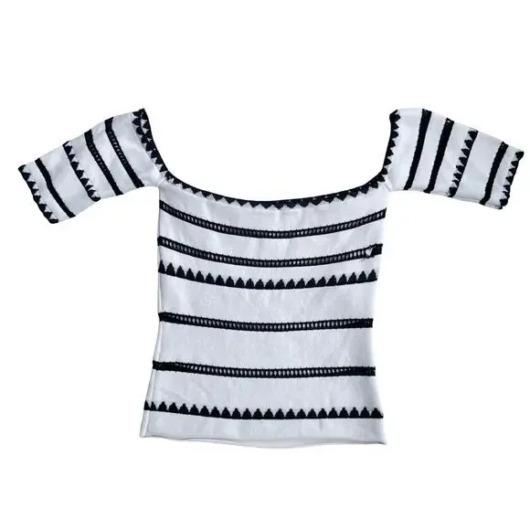 Ronny Kobo White Black Off Shoulder Stretchy Knit Top - Size XS - Picture 2 of 12